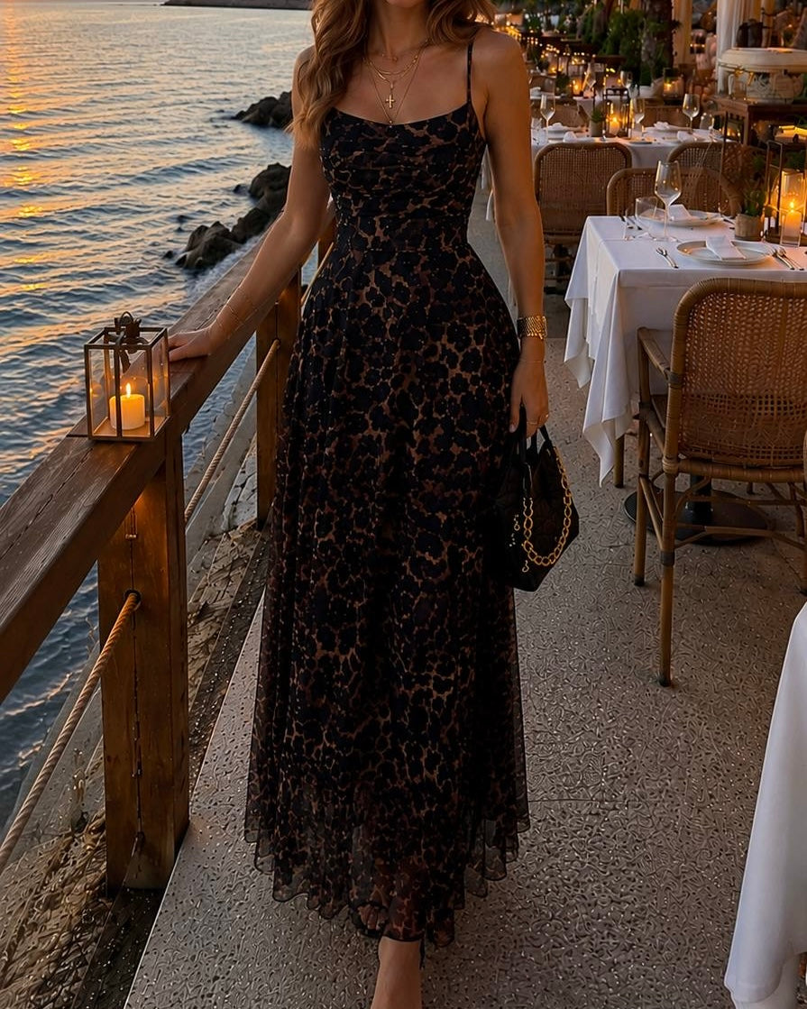 Elegant Leopard Print Mesh Maxi Dress | فستان ماكسي نسائي أنيق بنقشة ليوبارد