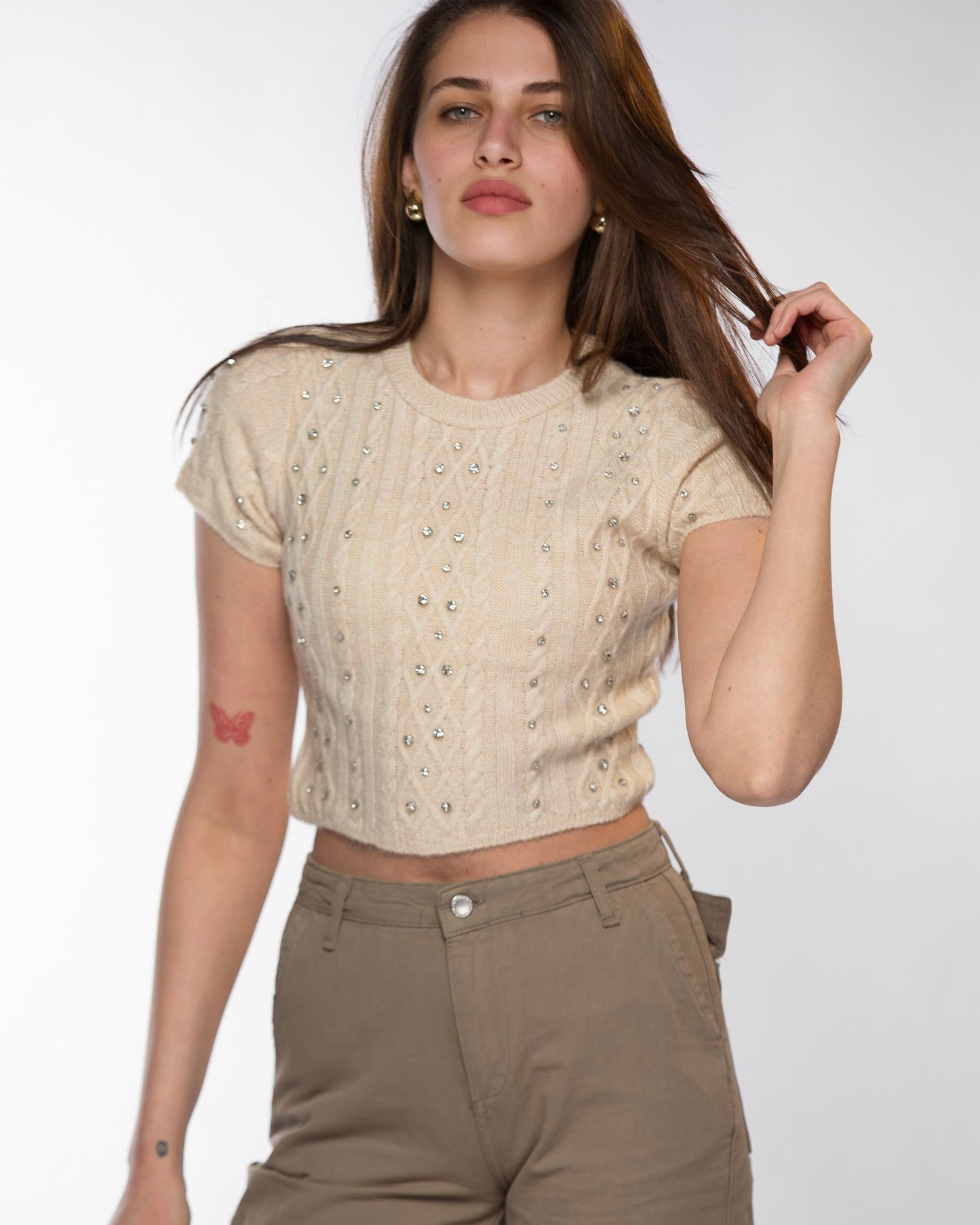 Beige Rhinestone Knit Top