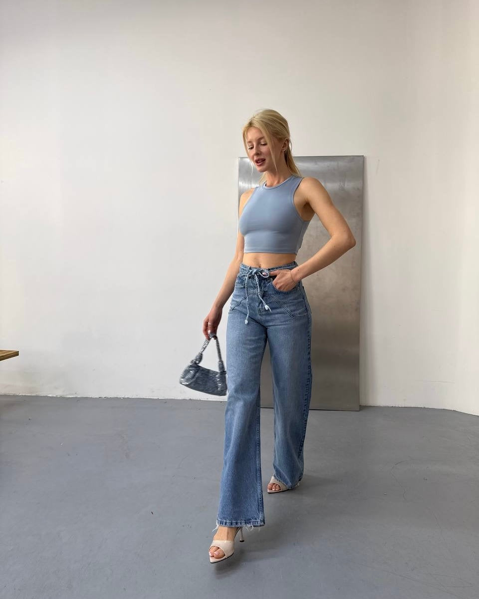 Women’s Light Wash High-Waist Drawstring Wide-Leg Denim Jeans | بنطلون جينز نسائي واسع بخصر عالي وربطة خصر - أزرق