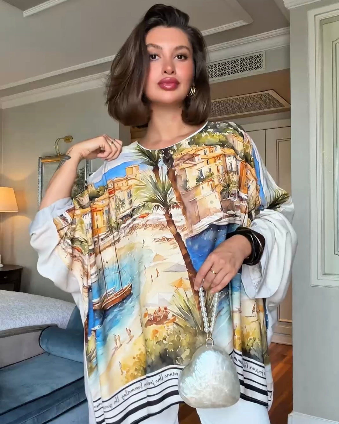 Printed Oversized Tunic Top | بلوزة واسعة بنقشة بحر ومناظر طبيعية