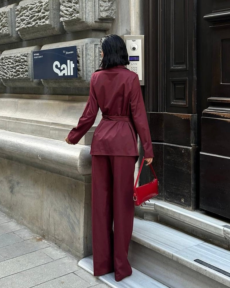 Burgundy Wrap Blouse and Wide-Leg Pants Set | طقم بلوزة لفّ باللون الخمري مع بنطال واسع
