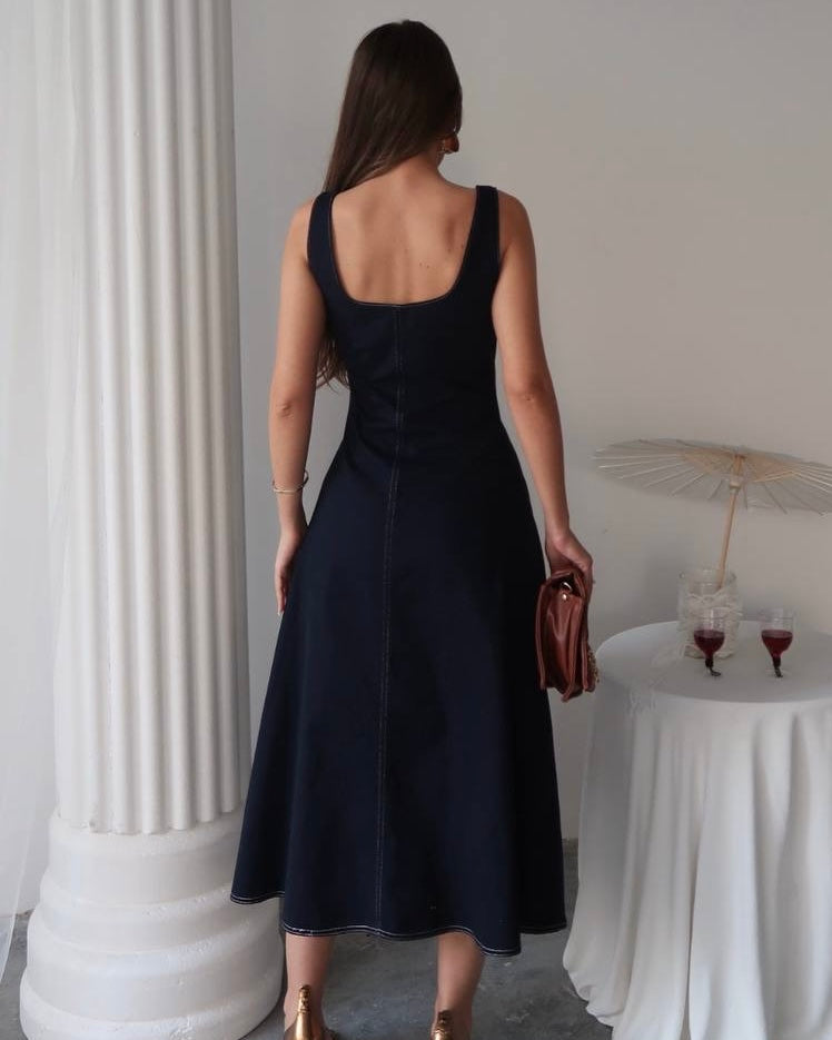 Dark Wash Denim Midi Dress with Square Neck and A-Line Silhouette | فستان جينز غامق ميدي وخصر محدد