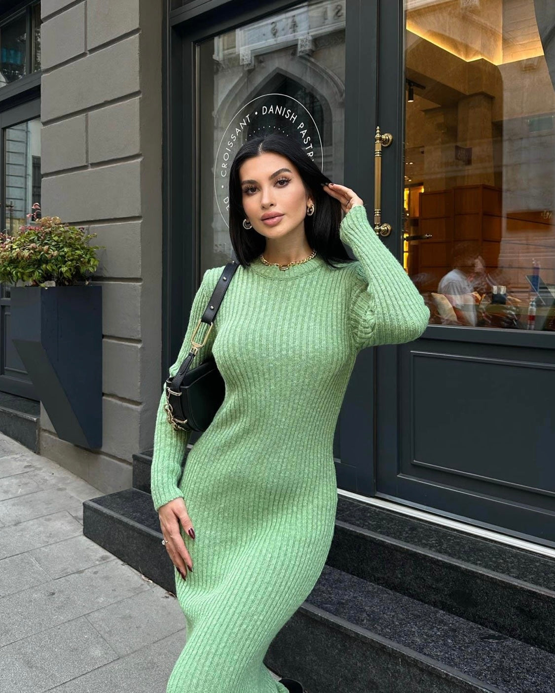 Green Knit Long Sleeve Dress