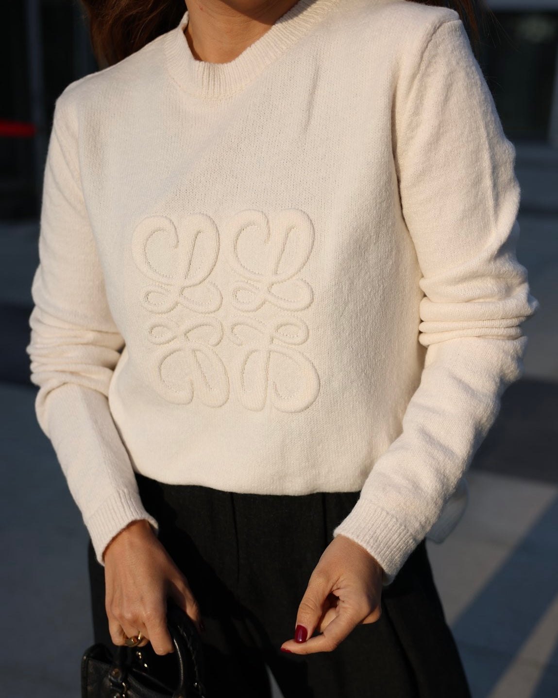 Cream Embossed Patterned Knitwear Sweater