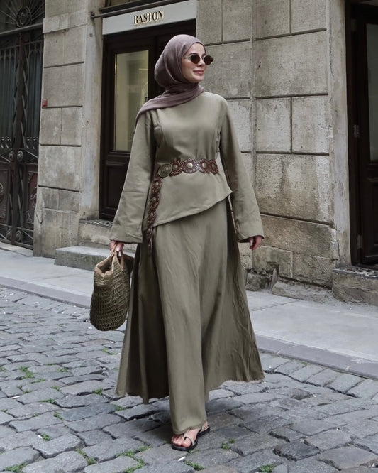 Khaki Asymmetric Linen Set | طقم كتان بلون كاكي بقصة غير متماثلة