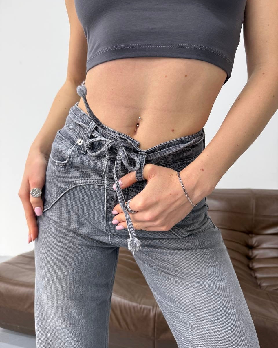 Women’s Washed Gray High-Waist Drawstring Wide-Leg Denim Jeans | بنطلون جينز نسائي واسع بخصر عالي وربطة خصر - رمادي