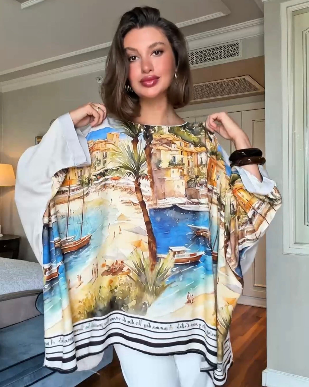 Printed Oversized Tunic Top | بلوزة واسعة بنقشة بحر ومناظر طبيعية