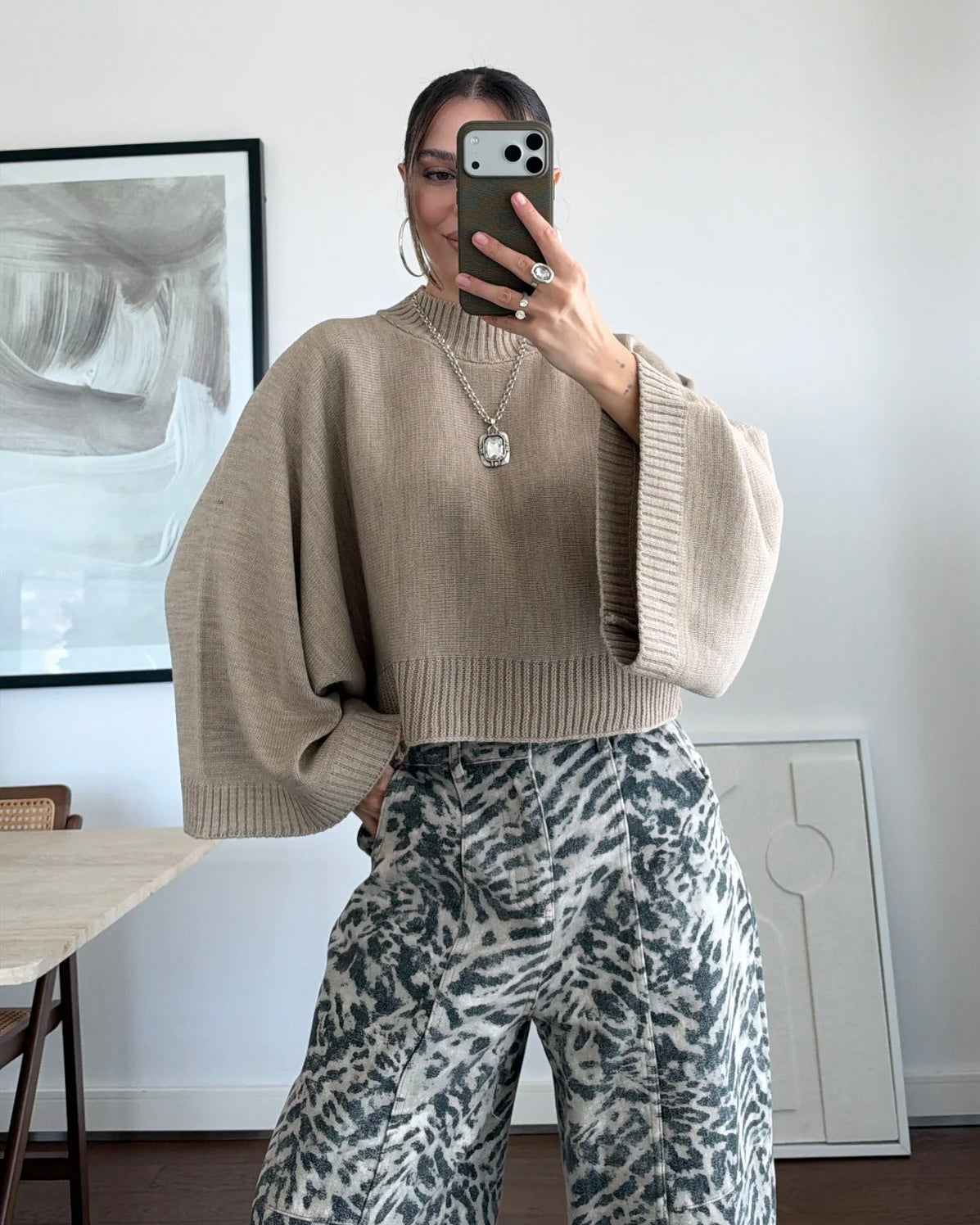 Oversized Knit Mock Neck Sweater with Wide Sleeves | بلوزة بقصّة أوفرسايز وأكمام واسعة