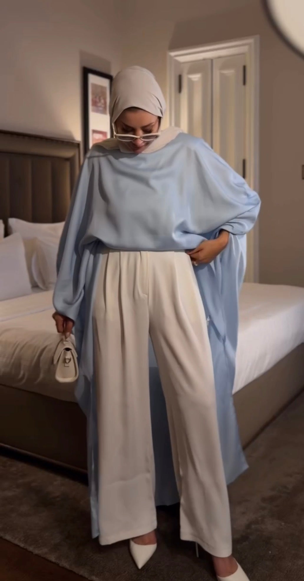 Sky Blue Satin Oversized Longline Blouse with Batwing Sleeves | بلوزة ساتان سماوية بقصة واسعة وطويلة بأكمام بات وينغ