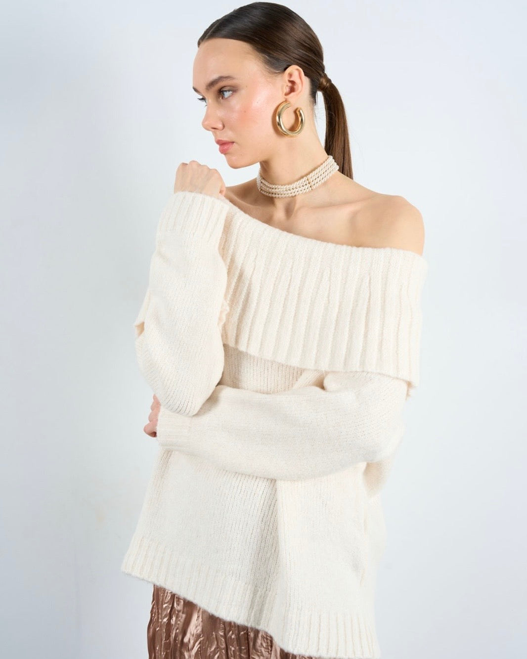 Cream Off The Shoulder Sweater