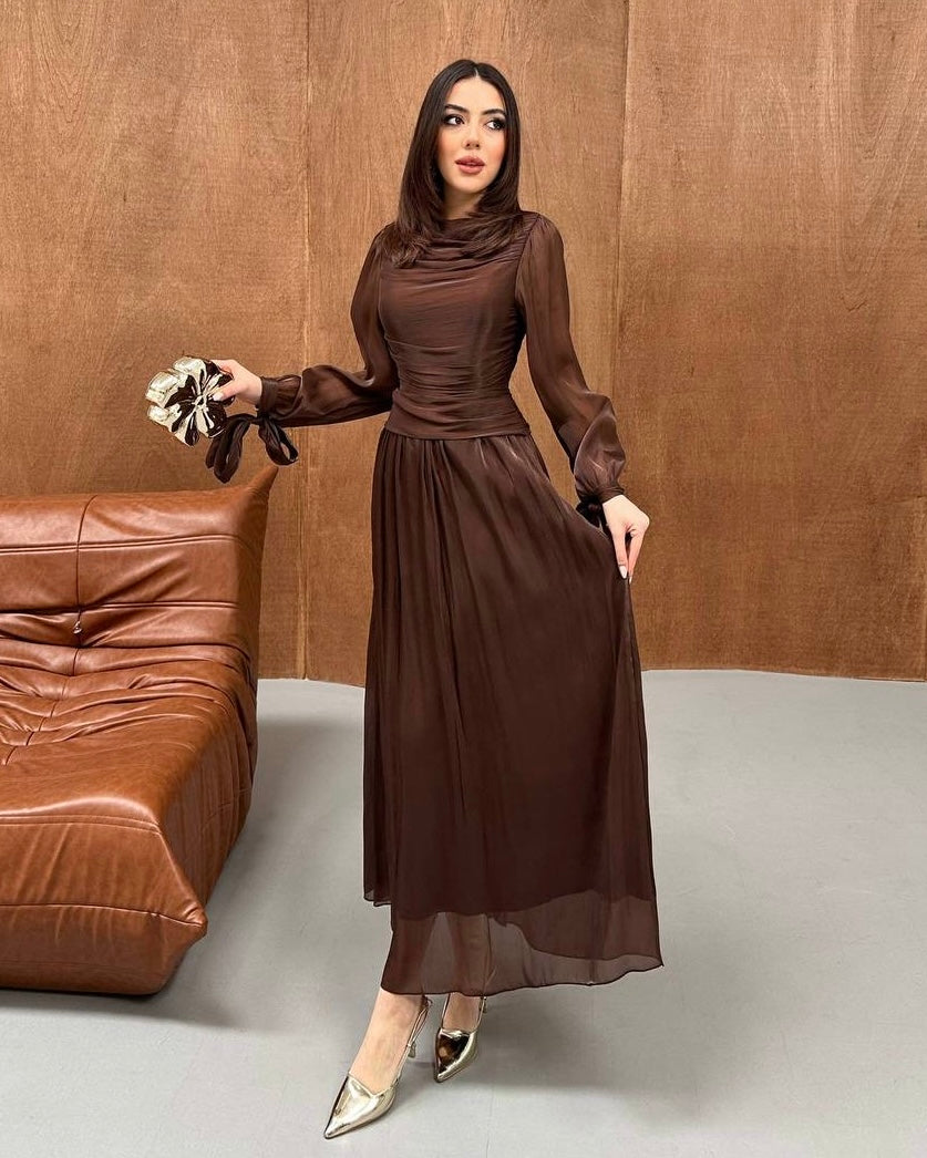 Elegant Chocolate Brown Ruched Chiffon Maxi Dress with Sheer Sleeves | فستان بني أنيق بكسرات على الخصر