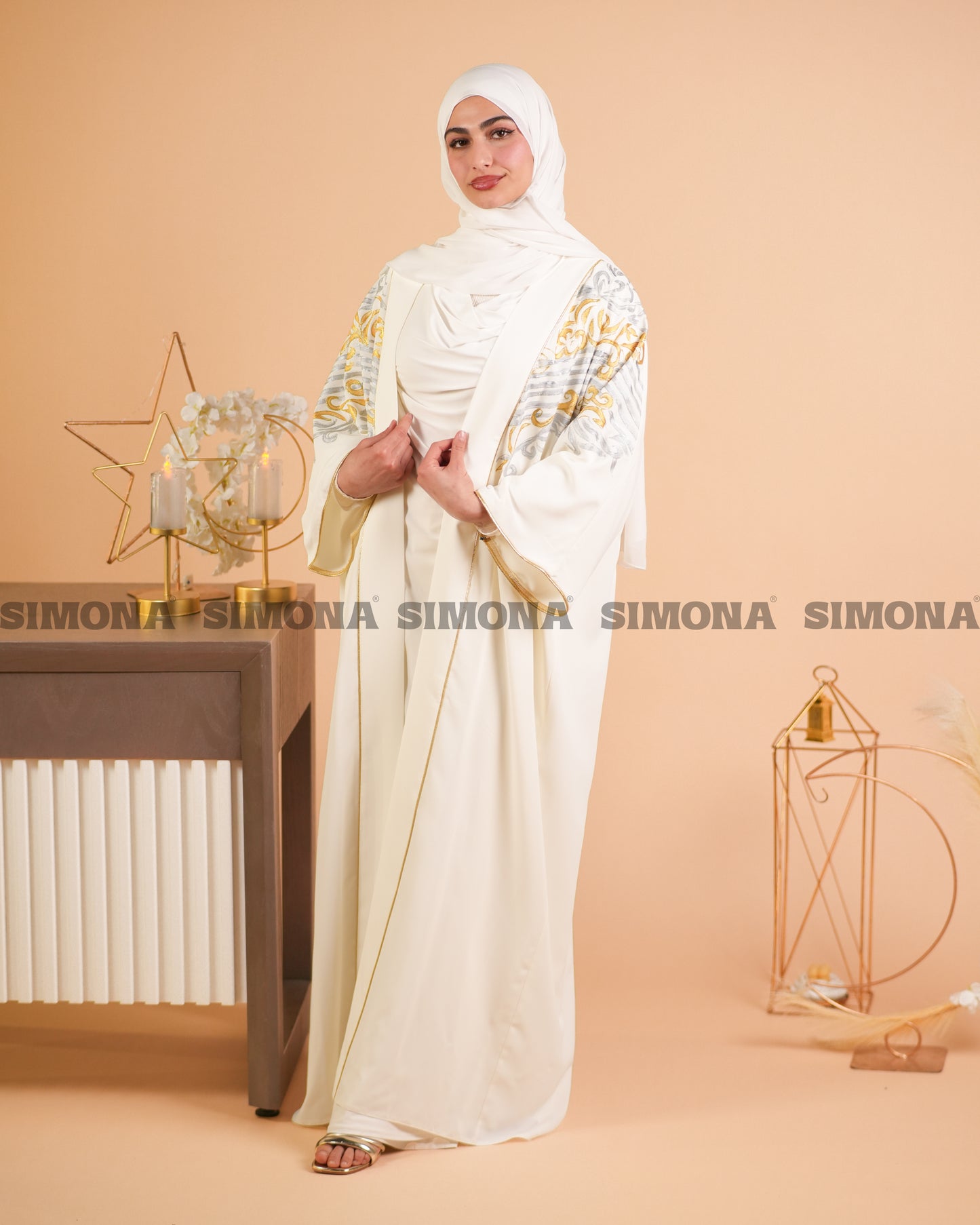 Elegant White Kaftan with Gold & Silver Embroidery on the Shoulders