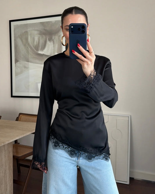Elegant Black Satin Blouse with Lace Trim | بلوزة ساتان سوداء أنيقة بتفاصيل دانتيل