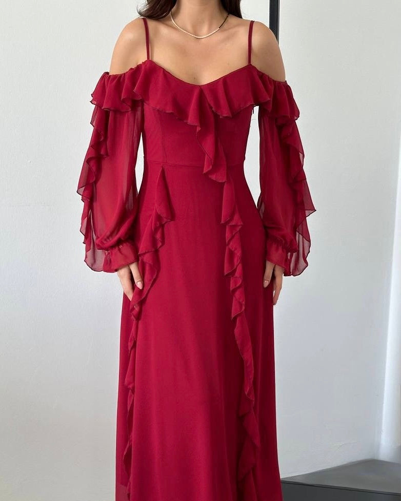 Long Red Dress with an Off-Shoulder Design | فستان أحمر طويل