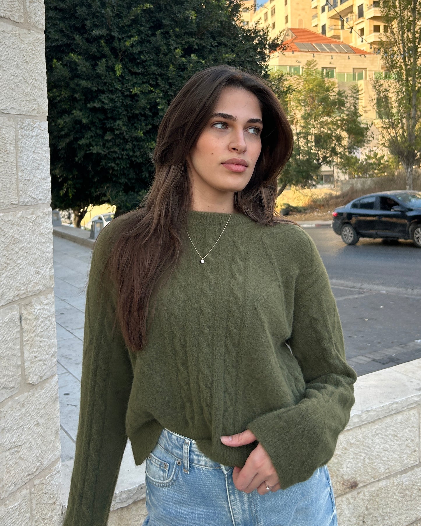 Olive Green Knit Braided Sweater | سويتر محاك مضفر باللون الزيتوني