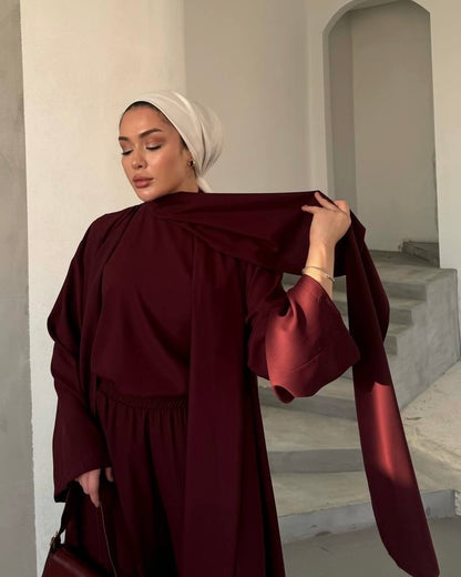 Maroon Elegant 3 Piece Abaya | طقم انيق 3 قطع باللون الخمري