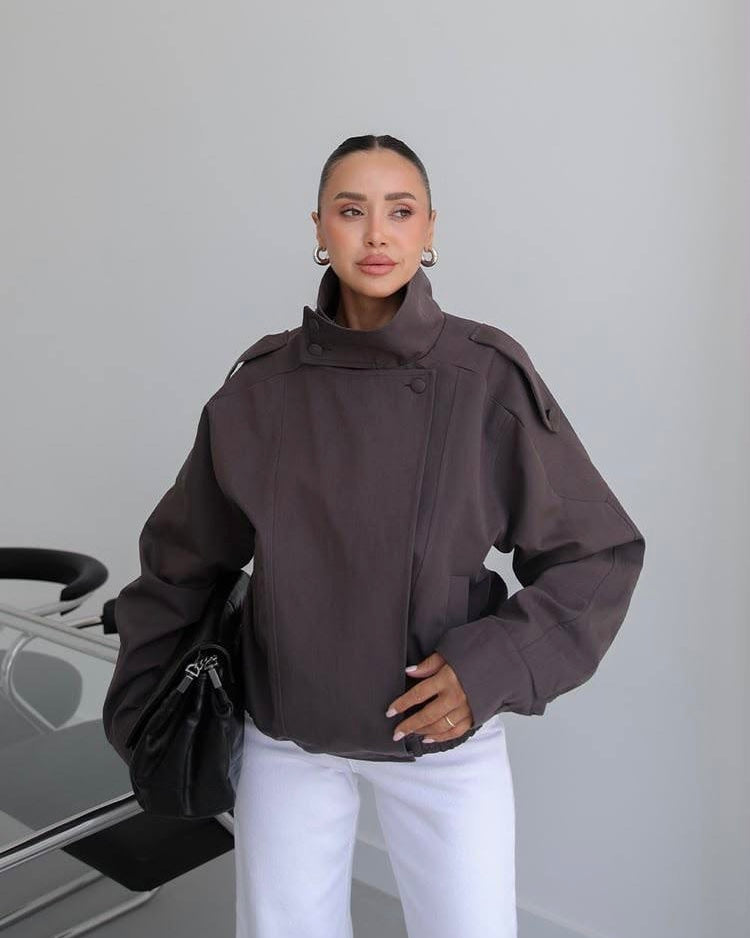 Brown Oversized Jacket with High Collar | جاكيت بني واسع بياقة عالية