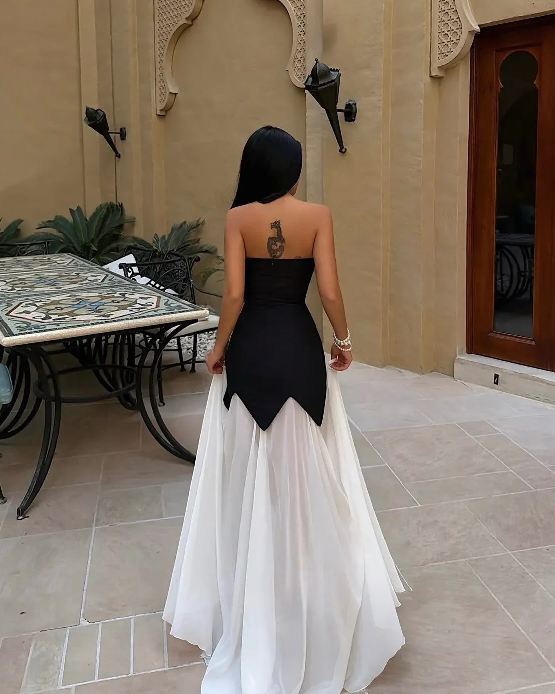 ‏Evening Dress with Pearl Embellished Waist | فستان فخم بتفاصيل لؤلؤية عند الخصر