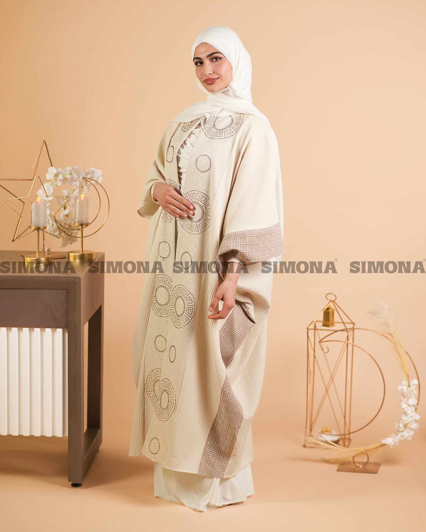 Light Beige Kaftan with Shiny Embroidery