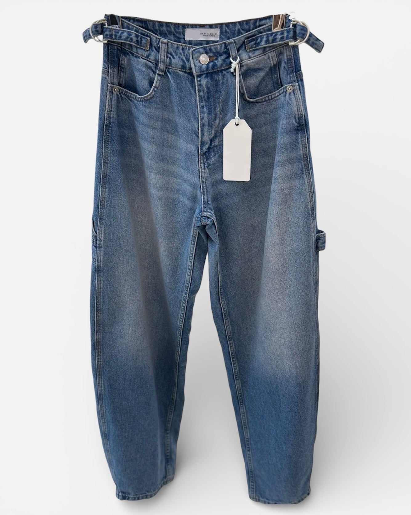 Classic Blue High-Waist Jeans with Adjustable Side Buckles | جينز كلاسيكي أزرق بخصر عالٍ مع أبازيم جانبية