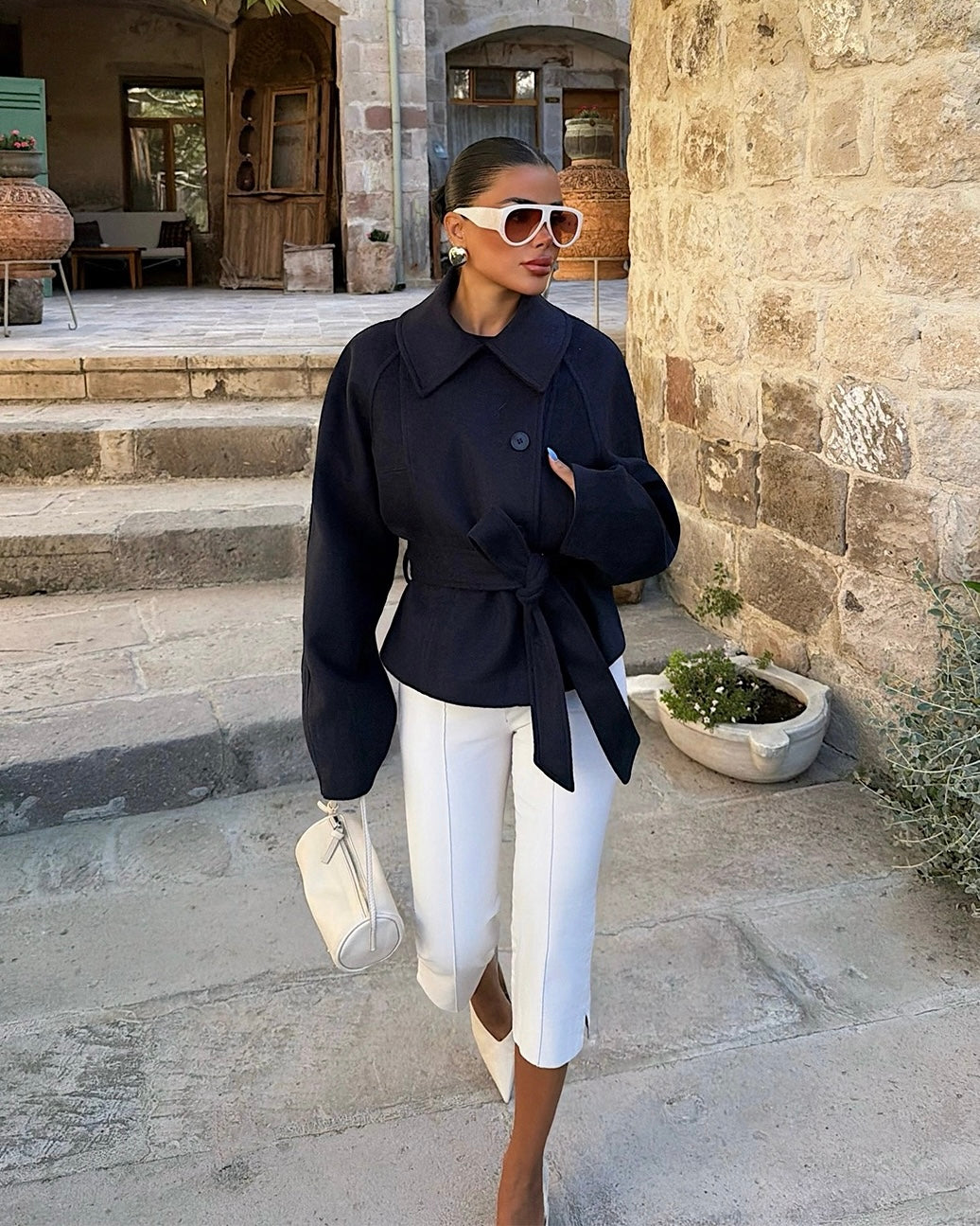 Navy Wool-Blend Wrap Coat with Wide Lapel Collar & Tie Waist | جاكيت جوخ كحلي بياقة عريضة ورباط من الخصر