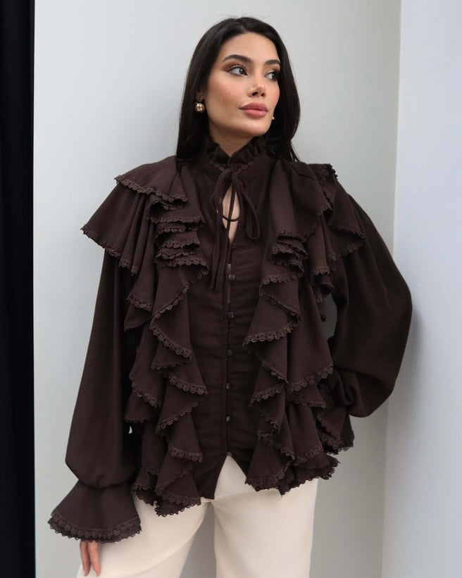 Brown Romantic Ruffle Blouse | بلوزة ناعمة بستايل بوهيمي باللون البني