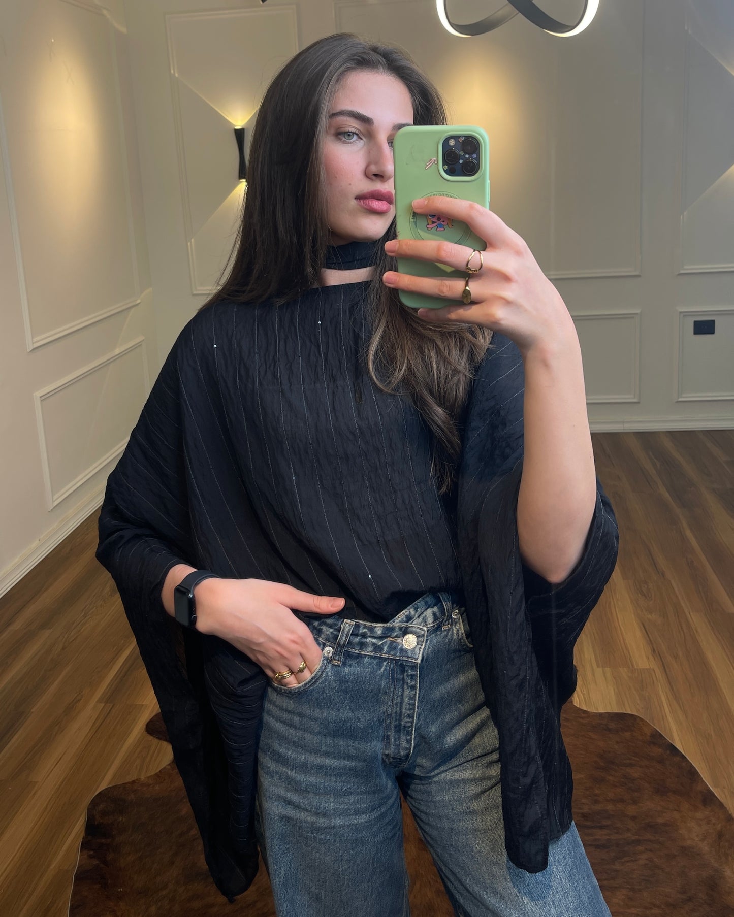 Black Sheer Poncho Blouse with Scarf Detail | بلوزة شيفون سودة بقصة واسعة مع شال