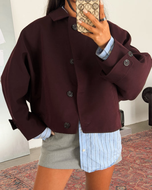 Maroon Oversized Cropped Jacket with Balloon Sleeves & Button Front | جاكيت خمري قصير أوفر سايز بأكمام بالون وأزرار أمامية