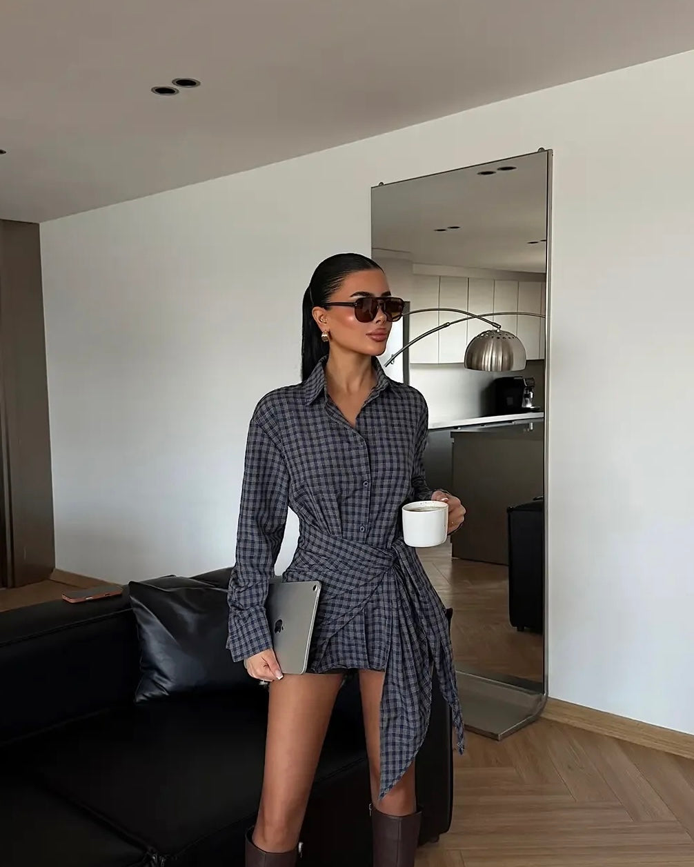 Tailored Plaid Shirt with Adjustable Tie Waist | قميص كاروهات مُفصّل بحزام خصر قابل للتعديل