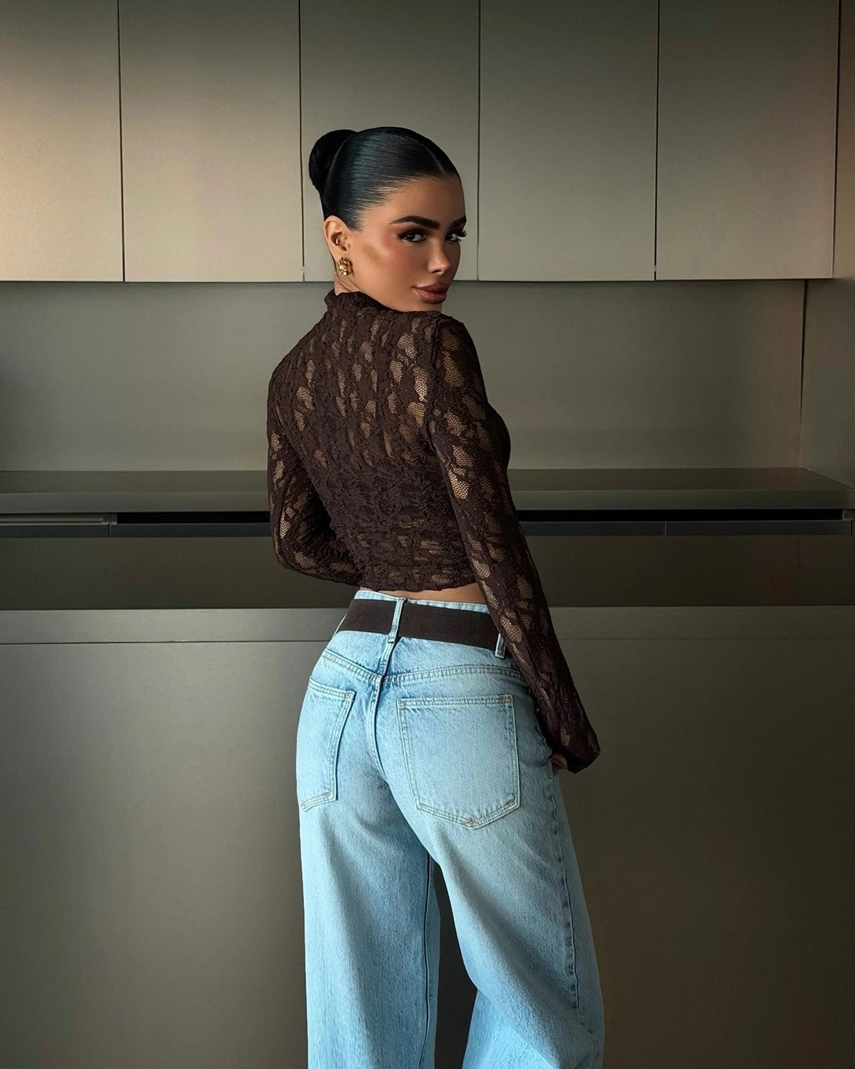 Dark Brown Lace Transparent Top | توب دانتيل شفاف باللون البني