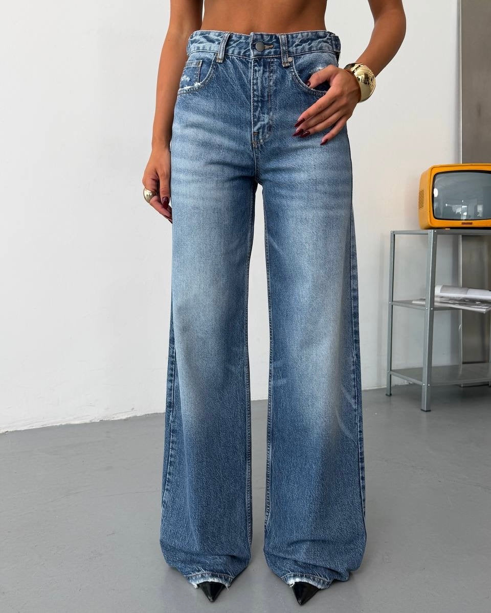 Denim High Waist Wide-Leg Jeans with Vintage Wash Effect | جينز بقصة واسعة وخصر عالي