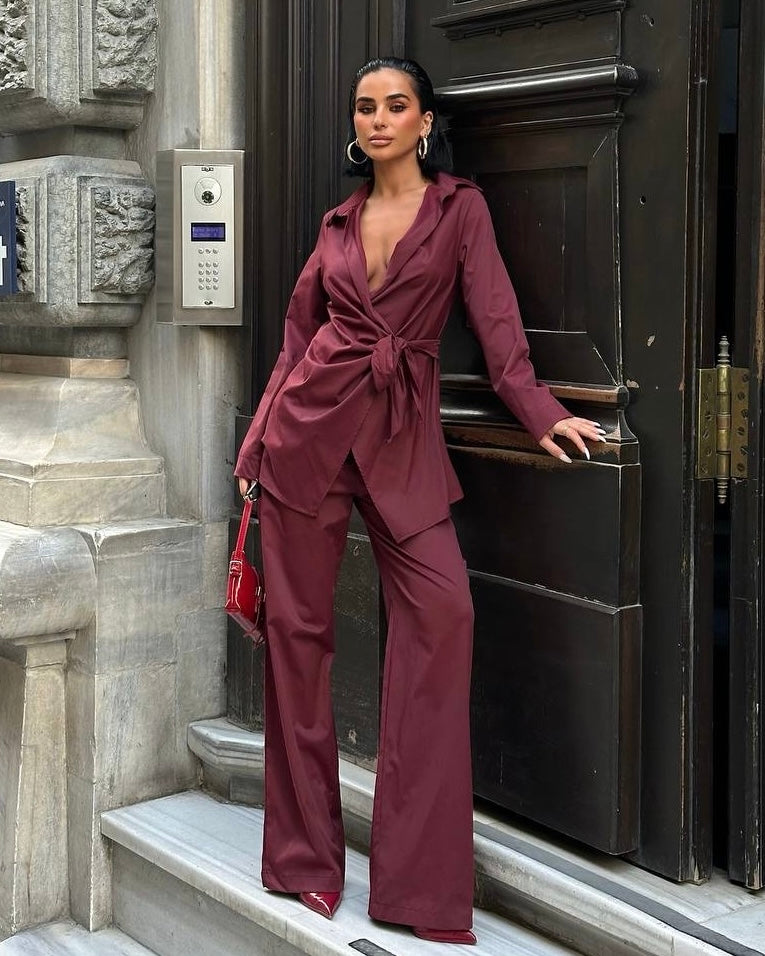 Burgundy Wrap Blouse and Wide-Leg Pants Set | طقم بلوزة لفّ باللون الخمري مع بنطال واسع