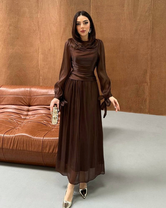 Elegant Chocolate Brown Ruched Chiffon Maxi Dress with Sheer Sleeves | فستان بني أنيق بكسرات على الخصر