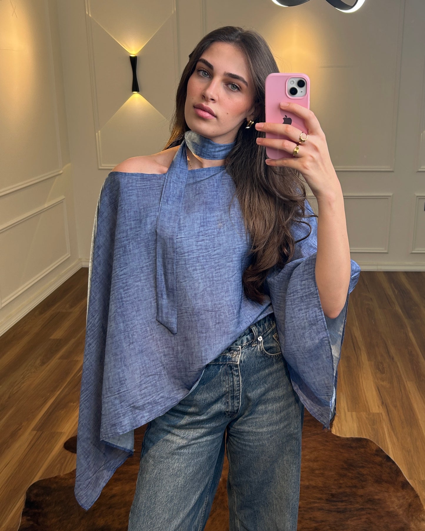 Blue Flowy Cape Top | بلوزة كاب انسيابية باللون الأزرق