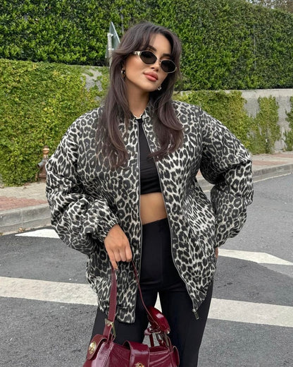 Leopard Print Puffer Jacket with Zipper