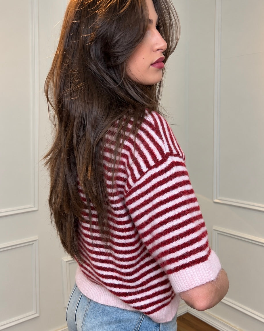 Burgundy & Blush Pink Striped Relaxed-Fit Mock Neck Knit Top | بلوزة مخططة خمري وزهري فاتح بقصة واسعة وياقة عالية