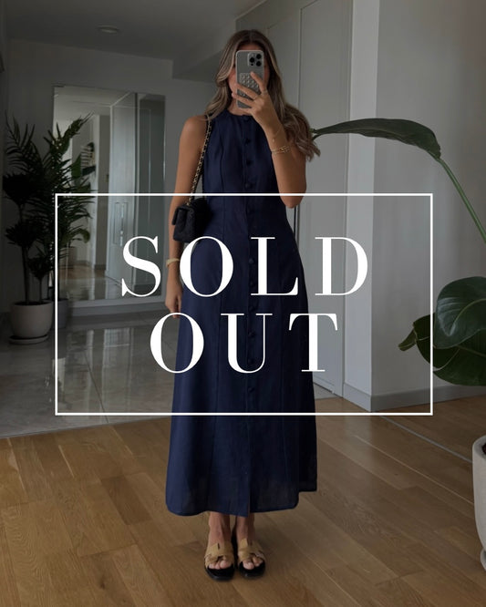 Navy Button-Down Linen Dress with Back Tie | فستان كتان كحلي بأزرار أمامية وربطة من الخلف