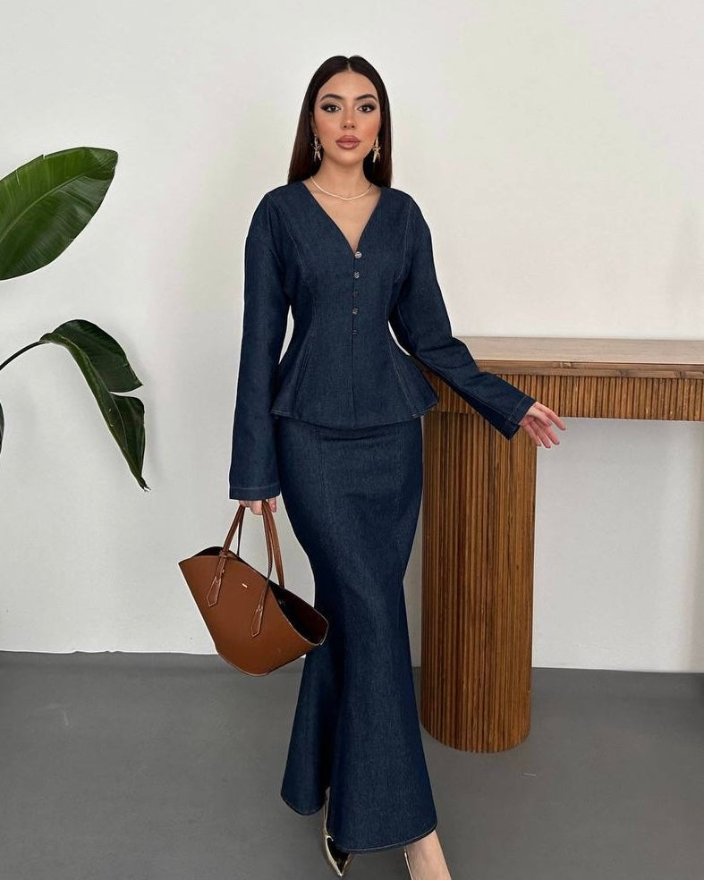 Tailored Top with Front Buttons and a Long Skirt | طقم بلوزة مفصلة وتنورة طويلة