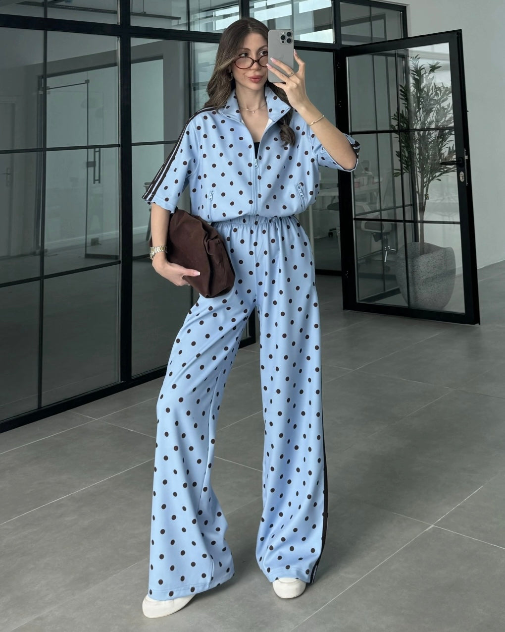 Blue Polka Dot Two-Piece Set with Wide-Leg Pants | طقم بولكا دوت مع بنطلون واسع