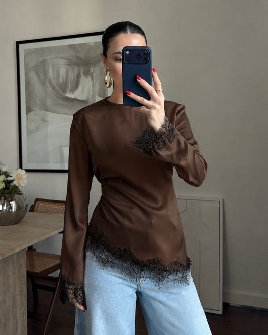 Elegant Chocolate Brown Satin Blouse with Lace Trim | بلوزة ساتان بنية أنيقة بتفاصيل دانتيل