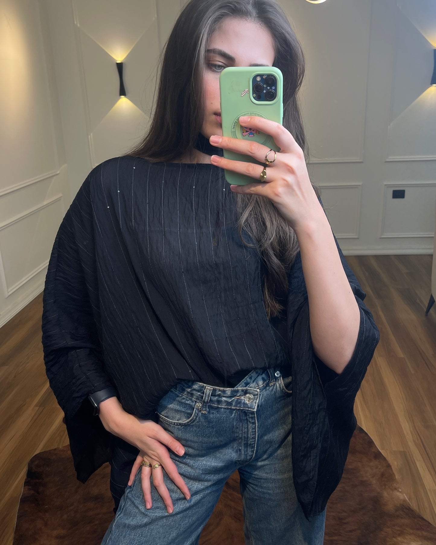 Black Sheer Poncho Blouse with Scarf Detail | بلوزة شيفون سودة بقصة واسعة مع شال
