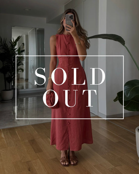 Terracotta Button-Down Linen Dress with Back Tie | فستان كتان كرميدي بأزرار أمامية وربطة من الخلف