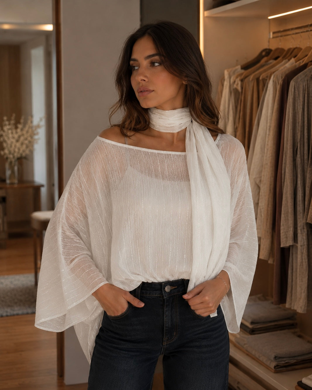 White Sheer Poncho Blouse with Scarf Detail | بلوزة شيفون بيضة بقصة واسعة مع شال