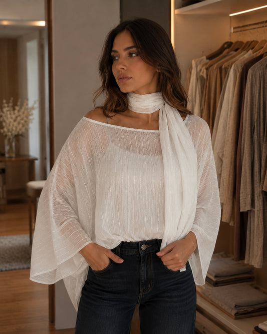 White Sheer Poncho Blouse with Scarf Detail | بلوزة شيفون بيضة بقصة واسعة مع شال