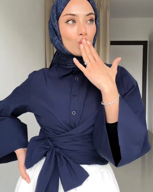 Navy Side Knot Wrap Top | توب كحلي ناعم بقصة لف وربطة جانبية
