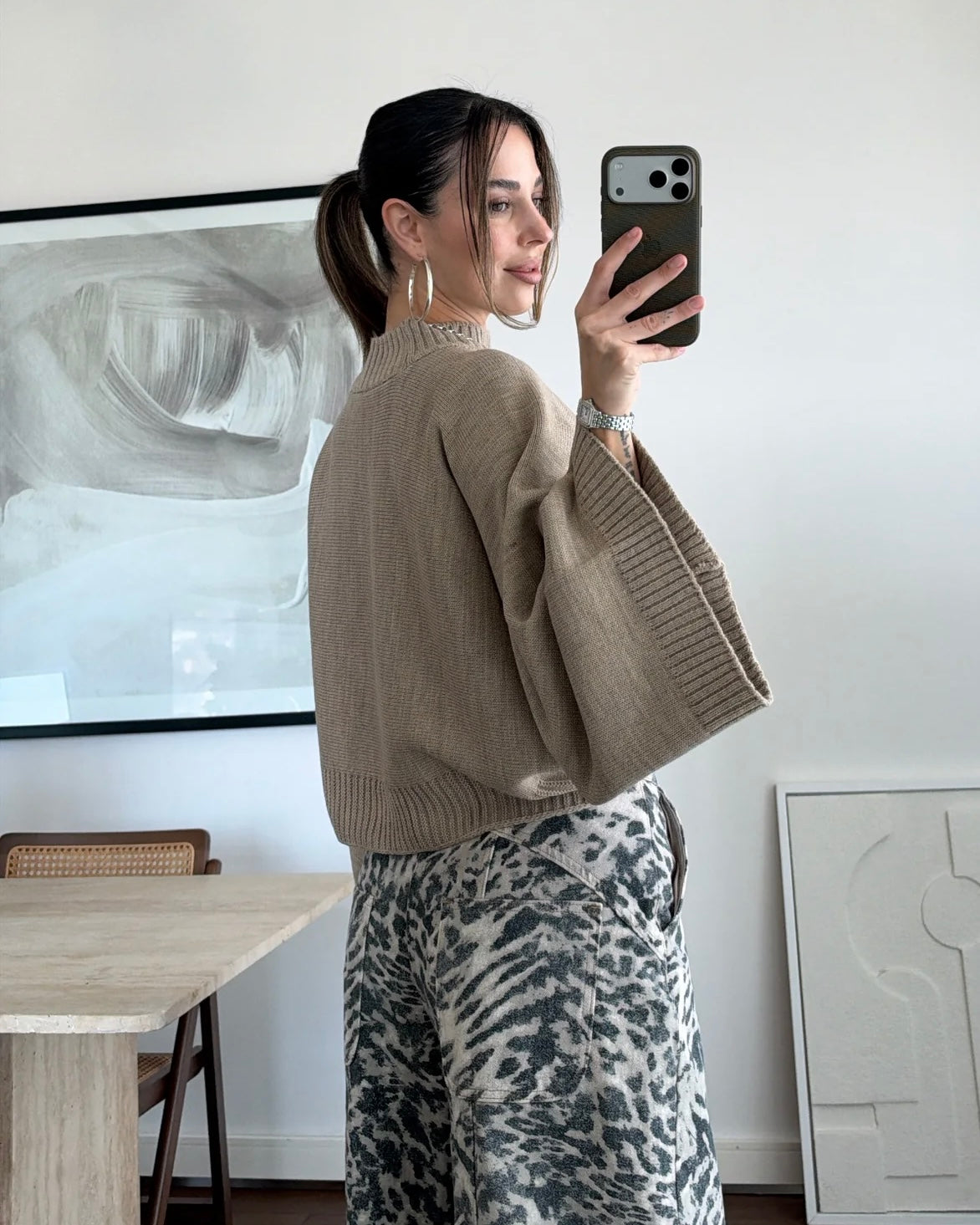 Oversized Knit Mock Neck Sweater with Wide Sleeves | بلوزة بقصّة أوفرسايز وأكمام واسعة