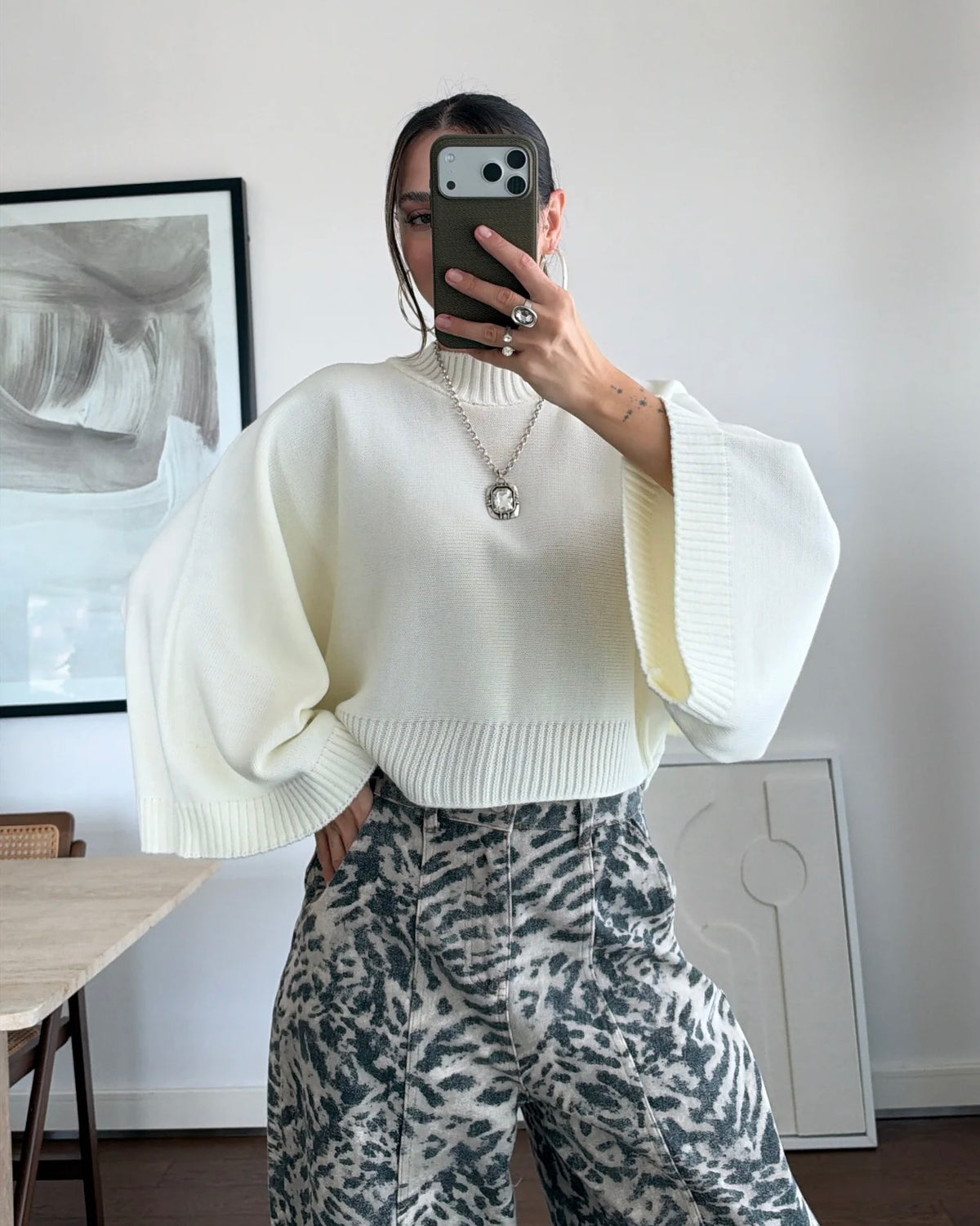 White Oversized Knit Mock Neck Sweater with Wide Sleeves | بلوزة بيضة بقصّة أوفرسايز وأكمام واسعة
