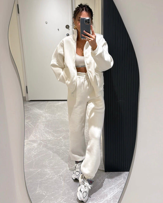 White Zipper Casual Loose Tracksuit