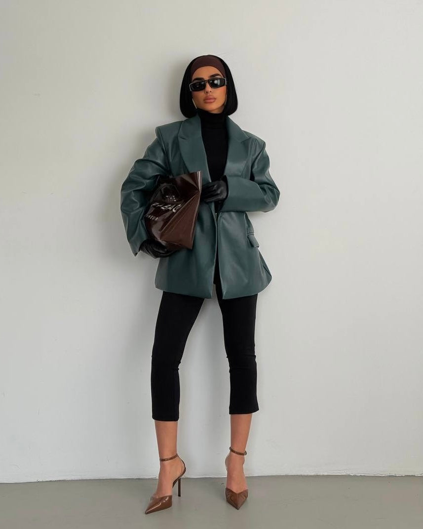 Green Faux Leather Tailored Blazer | بليزر جلد اخضر مخصر