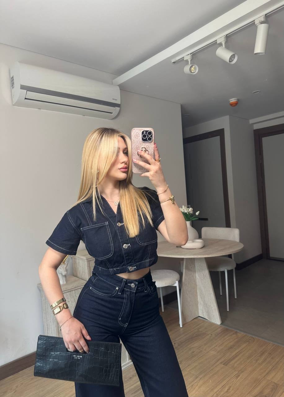 Short Sleeve Denim Set| طقم جينز قطعتين نص كم